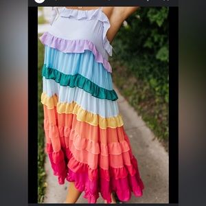 Storia Rainbow Tiered Ruffled Layers Maxi Dress Size L
